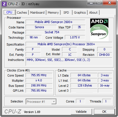 Mobile AMD Sempron 2600 795.95 MHz CPU Z VALIDATOR