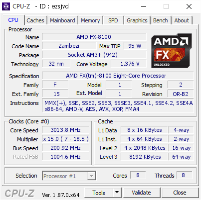 screenshot of CPU-Z validation for Dump [ezsjvd] - Submitted by  Anonymous  - 2019-01-07 23:12:25