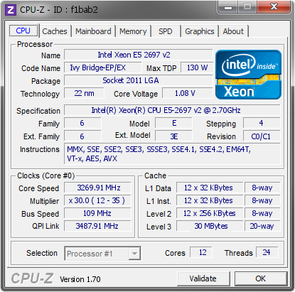 Intel Xeon E5 2697 v2 @ 3269.91 MHz - CPU-Z VALIDATOR