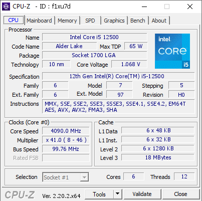 Intel Core i5 12500 @ 4090 MHz - CPU-Z VALIDATOR