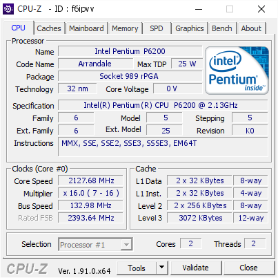 Intel Pentium P6200 2127 68 Mhz Cpu Z Validator