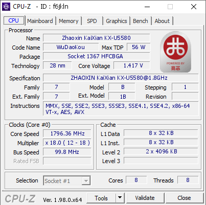 screenshot of CPU-Z validation for Dump [f6jkln] - Submitted by  MICYGSCF002TMS  - 2022-01-24 07:22:38