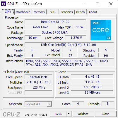 screenshot of CPU-Z validation for Dump [fea0zm] - Submitted by  Anonymous  - 2022-05-24 11:54:35