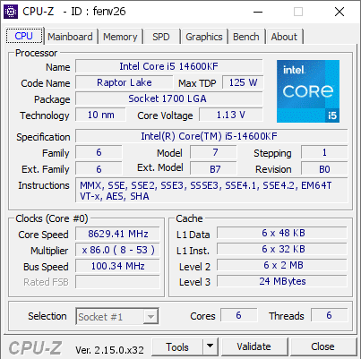 screenshot of CPU-Z validation for Dump [fenv26] - Submitted by  kongkongkongkon  - 2026-01-10 08:40:07