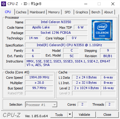 Intel Celeron N3350 @ 1994.09 MHz - CPU-Z VALIDATOR