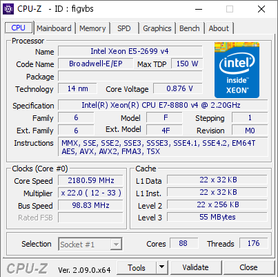 Intel Xeon E5-2699 v4 @ 2180.59 MHz - CPU-Z VALIDATOR