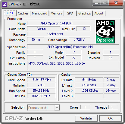 Bij zonsopgang benzine Iedereen AMD Opteron 144 (UP) @ 3194.57 MHz - CPU-Z VALIDATOR