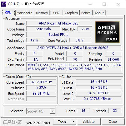 screenshot of CPU-Z validation for Dump [fpa505] - Submitted by  ASTRALPROJECTIO  - 2026-08-19 07:13:35