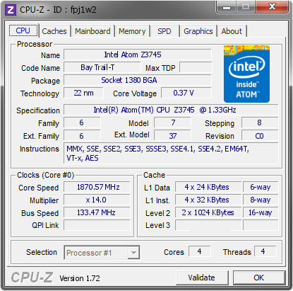 screenshot of CPU-Z validation for Dump [fpj1w2] - Submitted by  YOGA2SAT  - 2015-06-26 23:06:19