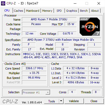 Amd Ryzen 7 Mobile 3700u 3368 17 Mhz Cpu Z Validator