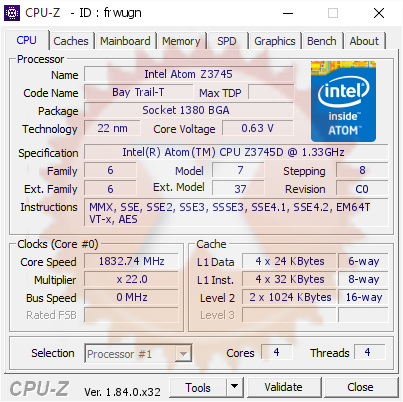 screenshot of CPU-Z validation for Dump [frwugn] - Submitted by  LACI-VENUE8PRO  - 2018-04-30 12:32:53
