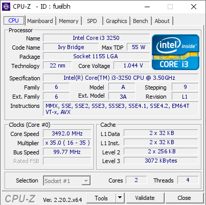 Intel Core i3 3250 @ 3492 MHz - CPU-Z VALIDATOR
