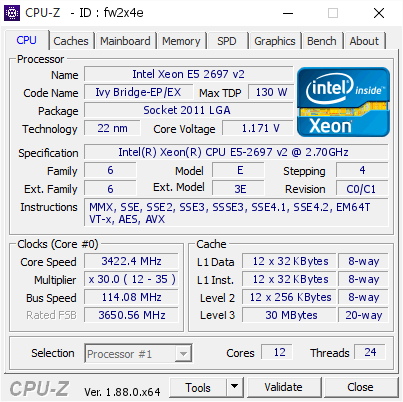 Intel Xeon E5 2697 v2 @ 3422.4 MHz - CPU-Z VALIDATOR