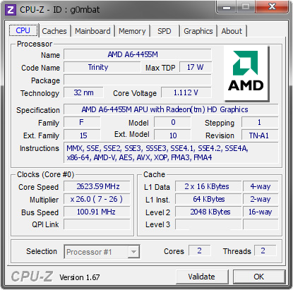screenshot of CPU-Z validation for Dump [g0mbat] - Submitted by  laptopguy  - 2014-01-30 03:01:07
