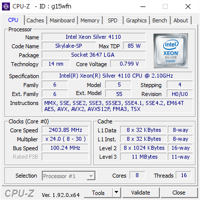 screenshot of CPU-Z validation for Dump [g15wfn] - Submitted by  SRV-HV01  - 2020-08-06 08:41:54