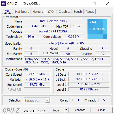screenshot of CPU-Z validation for Dump [g945ca] - Submitted by  DESKTOP-G364UM9  - 2025-12-02 09:38:36