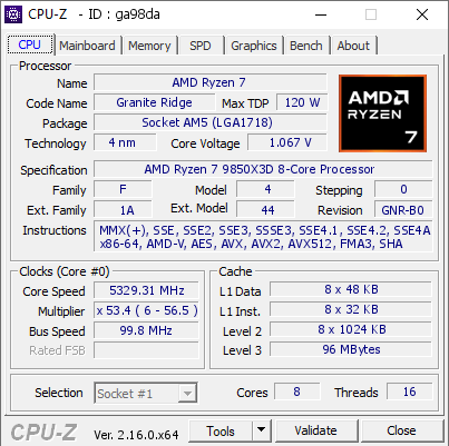 screenshot of CPU-Z validation for Dump [ga98da] - Submitted by  DESKTOP-KRN6ML3  - 2026-08-03 18:56:25
