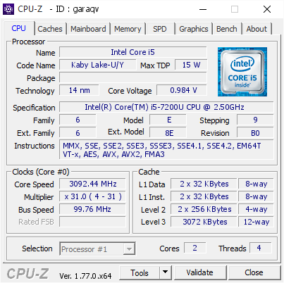Intel Core i5 @ 3092.44 MHz - CPU-Z VALIDATOR