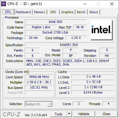 screenshot of CPU-Z validation for Dump [gens11] - Submitted by  defaultuser1  - 2026-01-05 11:34:03