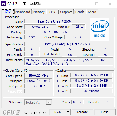 screenshot of CPU-Z validation for Dump [get83e] - Submitted by  Anonymous  - 2024-11-13 05:02:22