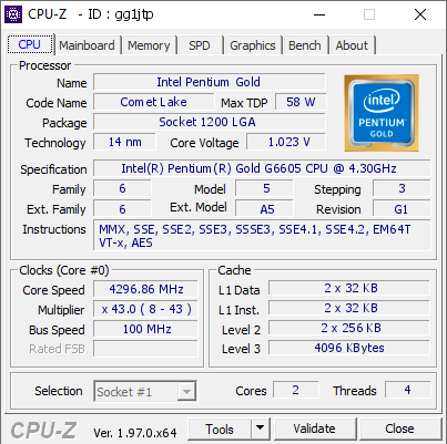 screenshot of CPU-Z validation for Dump [gg1jtp] - Submitted by  Anonymous  - 2021-09-16 17:20:35