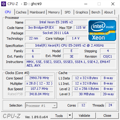 Intel Xeon E5 2695 v2 @ 2990.78 MHz - CPU-Z VALIDATOR