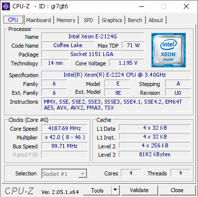 Intel Xeon E-2124G @ 4187.69 MHz - CPU-Z VALIDATOR