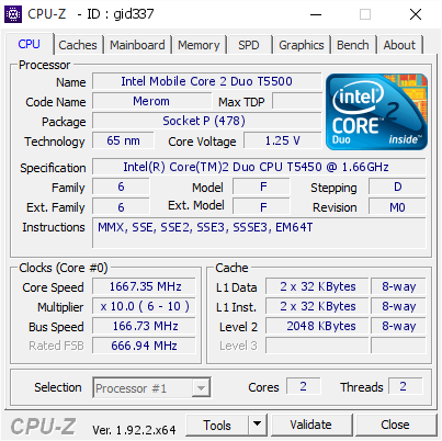 pBGA479 pPGA478 2 duo sL9SH ® intel core processor t5500 cache 2 m, 1.66 gHz, 667 mHz fSB apollo tM
