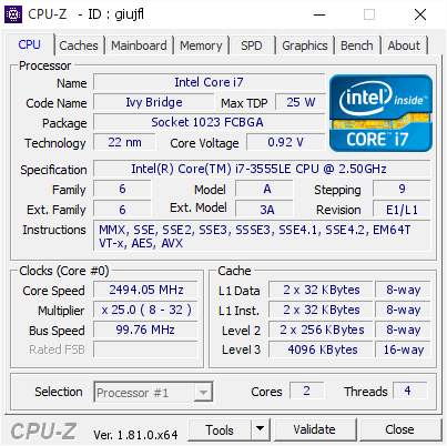 screenshot of CPU-Z validation for Dump [giujfl] - Submitted by  Anonymous  - 2017-10-02 23:56:27