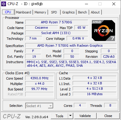 screenshot of CPU-Z validation for Dump [giw8gb] - Submitted by  Anonymous  - 2024-05-04 15:44:28