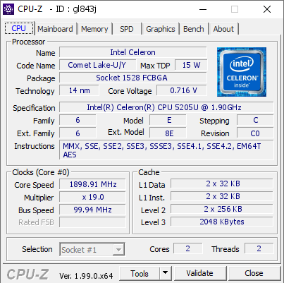 screenshot of CPU-Z validation for Dump [gl843j] - Submitted by  LAPTOP-OQ5OSM6G  - 2022-01-21 10:38:31