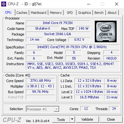 Intel Core i9 7920X @ 3791.68 MHz - CPU-Z VALIDATOR