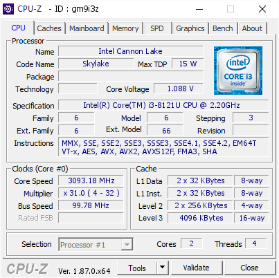 screenshot of CPU-Z validation for Dump [gm9i3z] - Submitted by  DESKTOP-SGM5NCC  - 2019-02-27 20:27:39