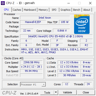 screenshot of CPU-Z validation for Dump [gsmwih] - Submitted by  DESKTOP-H0EK0CC  - 2018-04-30 16:32:33