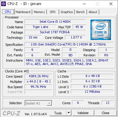 Intel Core i5 11400H @ 4389.26 MHz - CPU-Z VALIDATOR