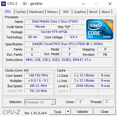 screenshot of CPU-Z validation for Dump [gznd0w] - Submitted by  Sony Vaio VGN-TZ3RXN/B  - 2020-05-09 19:19:08