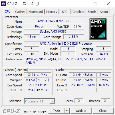 Amd Athlon Ii X2 B28 3421 11 Mhz Cpu Z Validator