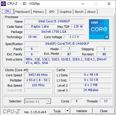 screenshot of CPU-Z validation for Dump [h3zfsp] - Submitted by  lyt  - 2025-07-03 09:25:20