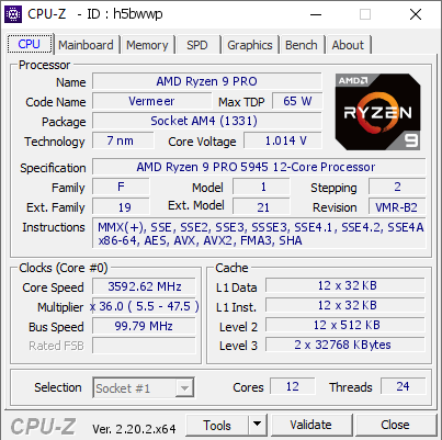 screenshot of CPU-Z validation for Dump [h5bwwp] - Submitted by  THINK  - 2026-07-24 13:40:00