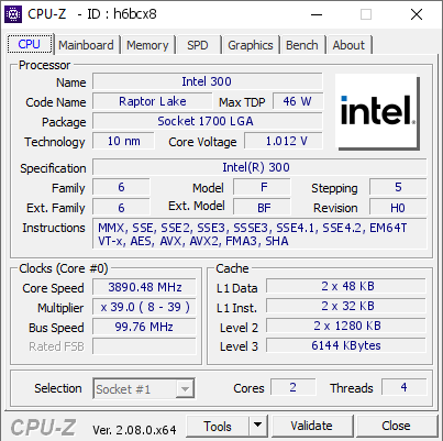 screenshot of CPU-Z validation for Dump [h6bcx8] - Submitted by  Anonymous  - 2024-01-15 17:47:32