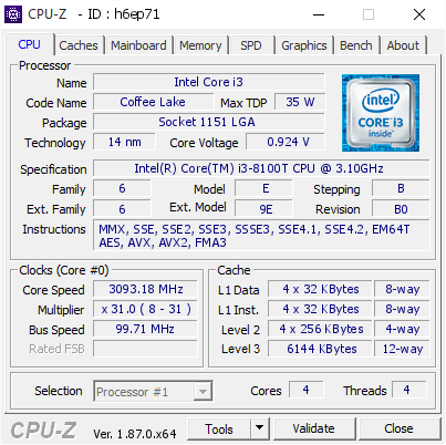 screenshot of CPU-Z validation for Dump [h6ep71] - Submitted by  Anonymous  - 2018-12-24 15:31:20