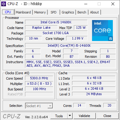 screenshot of CPU-Z validation for Dump [h8ddqr] - Submitted by  DESKTOP-5DAGU62  - 2025-02-21 13:42:52