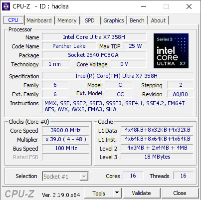 screenshot of CPU-Z validation for Dump [hadisa] - Submitted by  Anonymous  - 2026-05-22 18:09:58