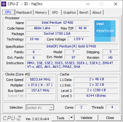 screenshot of CPU-Z validation for Dump [haj3xy] - Submitted by  PC2  - 2022-09-24 13:47:05