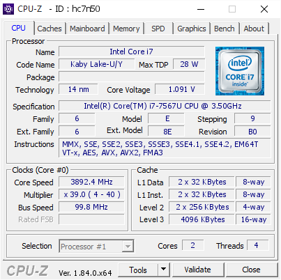 screenshot of CPU-Z validation for Dump [hc7n50] - Submitted by  ONEMANIA-NUC7I7  - 2018-04-11 03:19:00