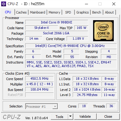 screenshot of CPU-Z validation for Dump [he255m] - Submitted by    - 2018-12-23 13:19:16