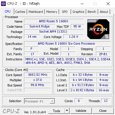 Amd Ryzen 5 1600x 3692 52 Mhz Cpu Z Validator