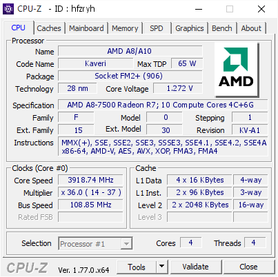 screenshot of CPU-Z validation for Dump [hfzryh] - Submitted by  Anonymous  - 2016-10-18 06:33:30