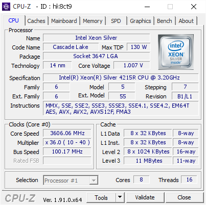 screenshot of CPU-Z validation for Dump [hk8ct9] - Submitted by  WINHV152  - 2020-05-29 06:31:41