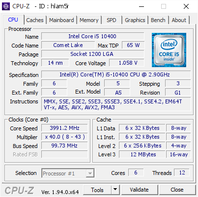 Intel Core i5 10400 @ 3991.2 MHz - CPU-Z VALIDATOR